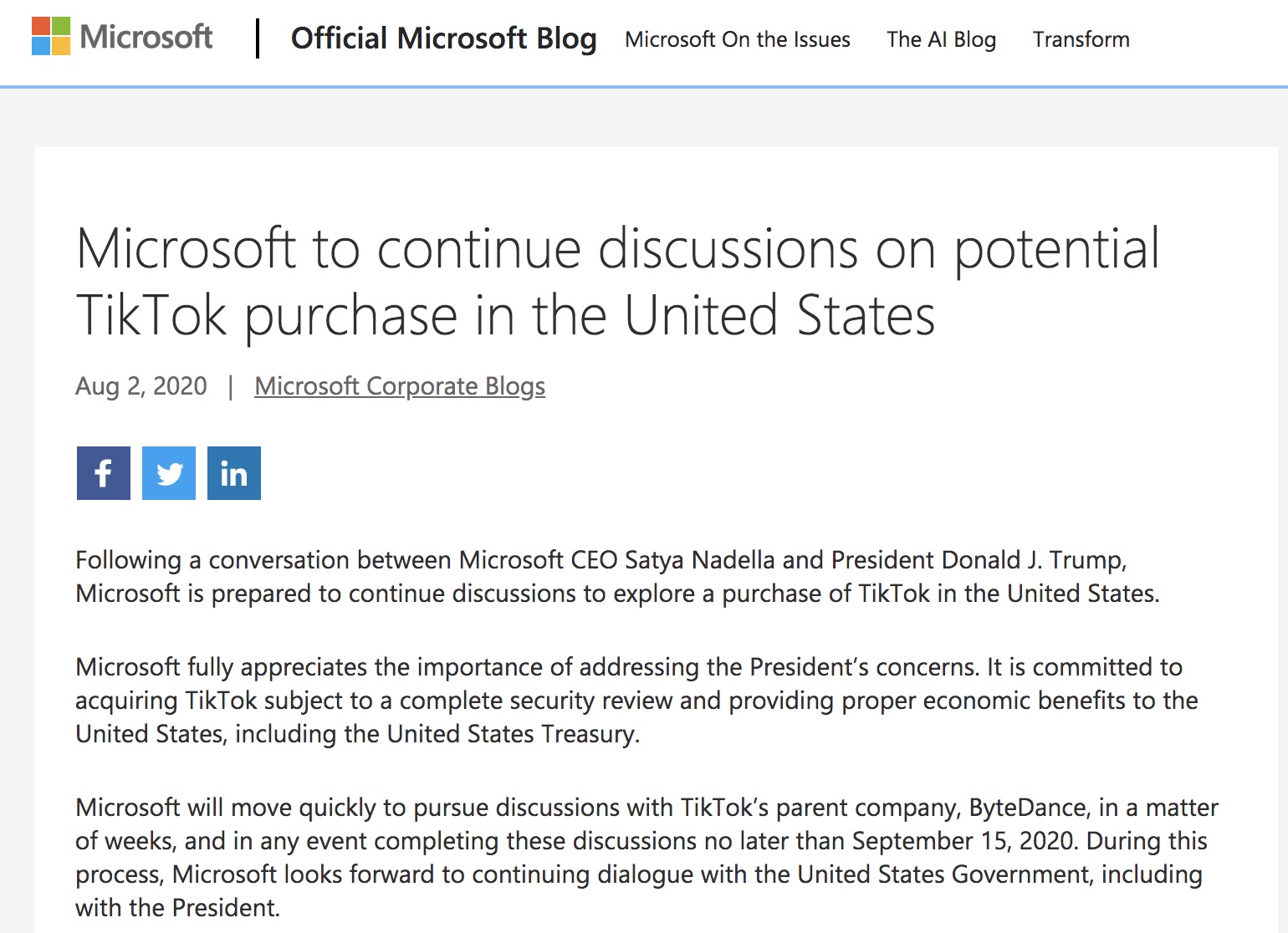 反转？微软计划45天内完成收购TikTok的谈判