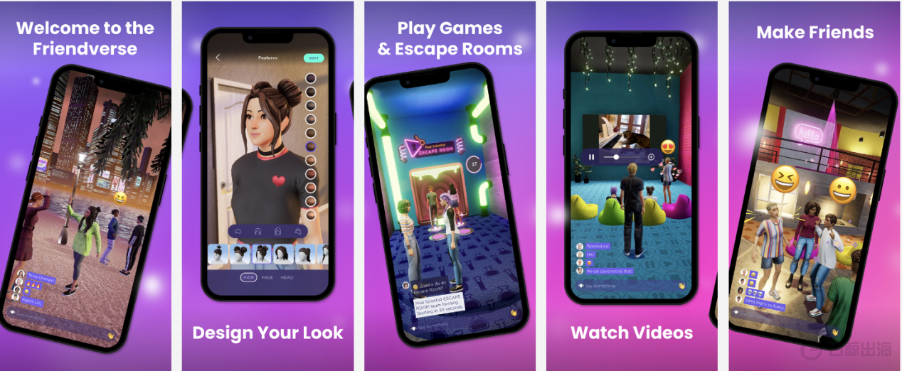 五张图片展示了一款社交应用的功能，包括个性化造型、游戏、观看视频、交友和虚拟世界互动。