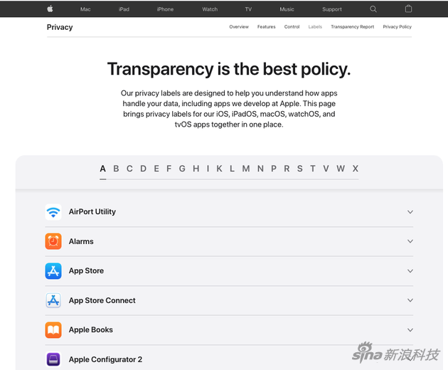 苹果官网这个新页面显示了所有自己开发的App设计的隐私供外界查阅