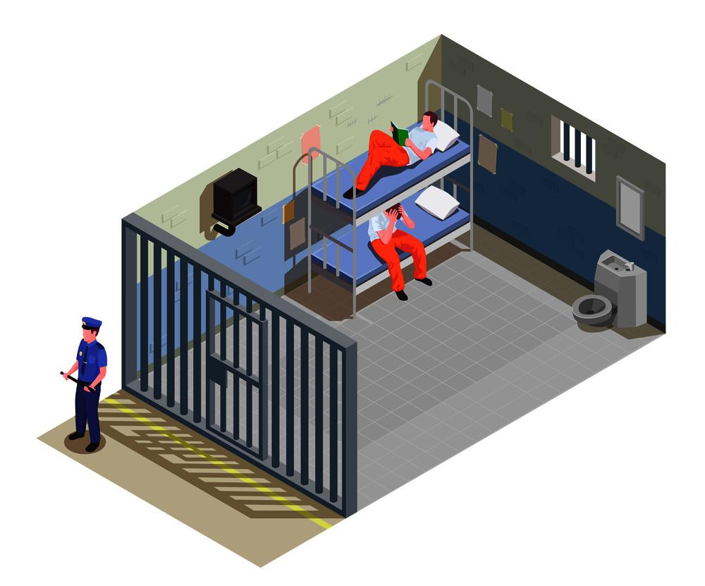 摄图网_300897742_banner_为两名囚犯锁定的牢房,囚犯穿着制服保安等距构成矢量插图（企业商用）(1).jpg