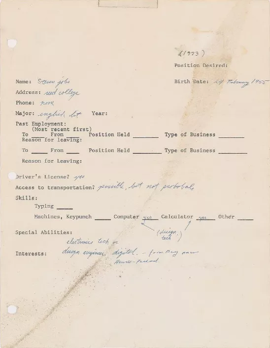 乔布斯 1973 年求职申请表曝光，拍出22万 美元高价