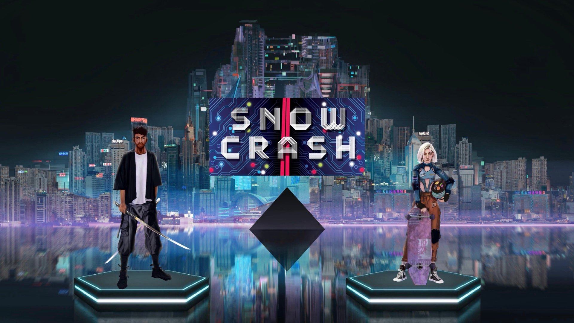 配图01：粉丝为 Snow Crash 设计的游戏画面，左边持武士刀的就是男主角 Hiro