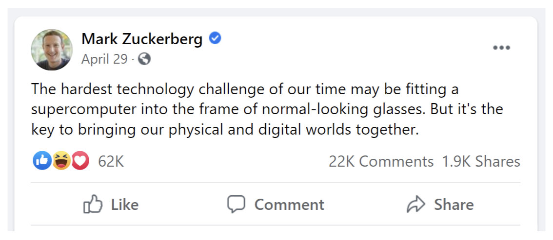 配图11：Mark Zuckerberg 认为我们未来的眼镜就是一台超级电脑