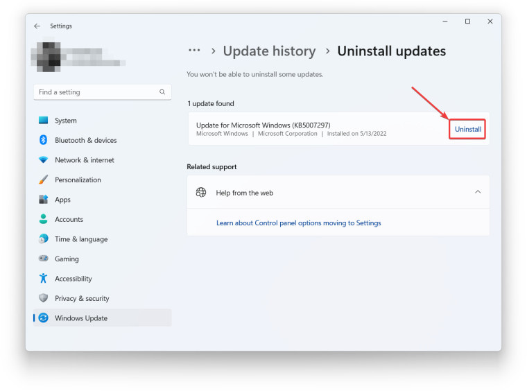 Windows 11 设置应用,显示如何在版本 22H2 及更高版本中卸载 Windows 11 更新 Windows 11 设置应用,显示如何在版本 22H2 及更高版本中卸载 Windows 11 更新